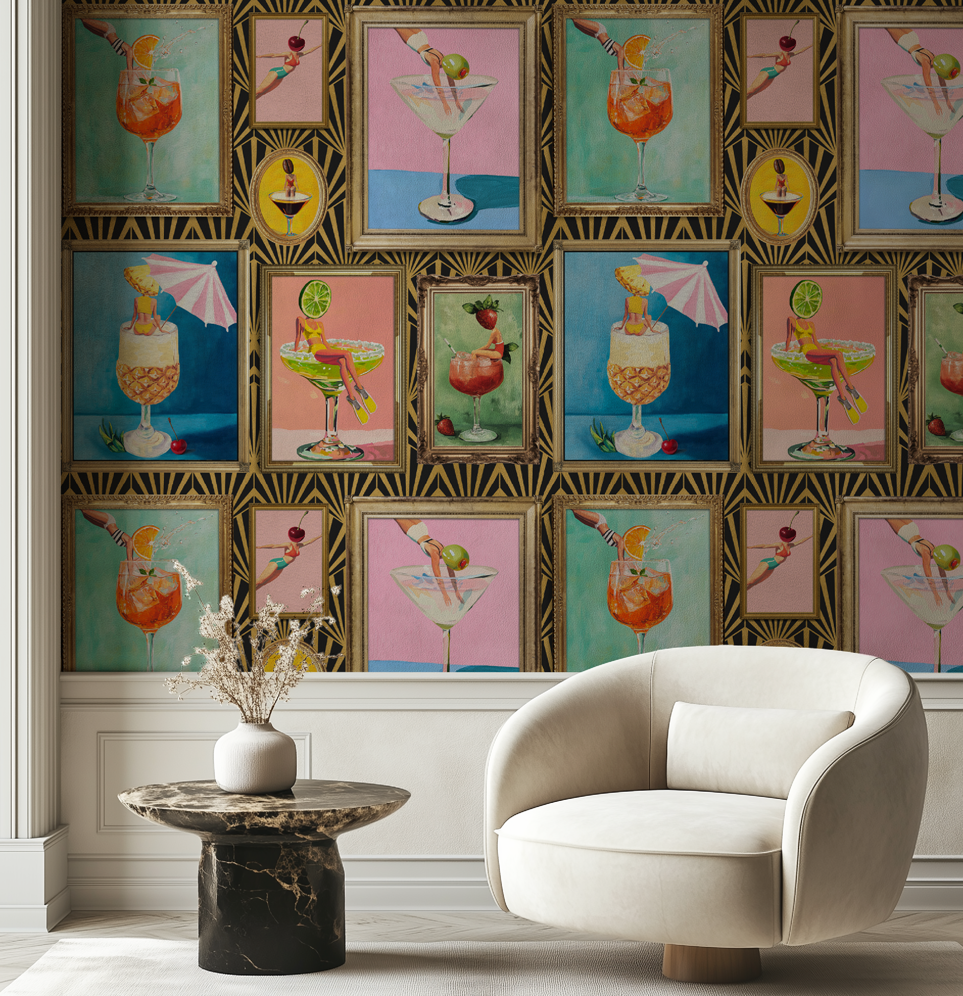 Mid-Century Retro Bar Cocktail Wallpaper: Peel & Stick or Traditional Large Print for Lounge Decor