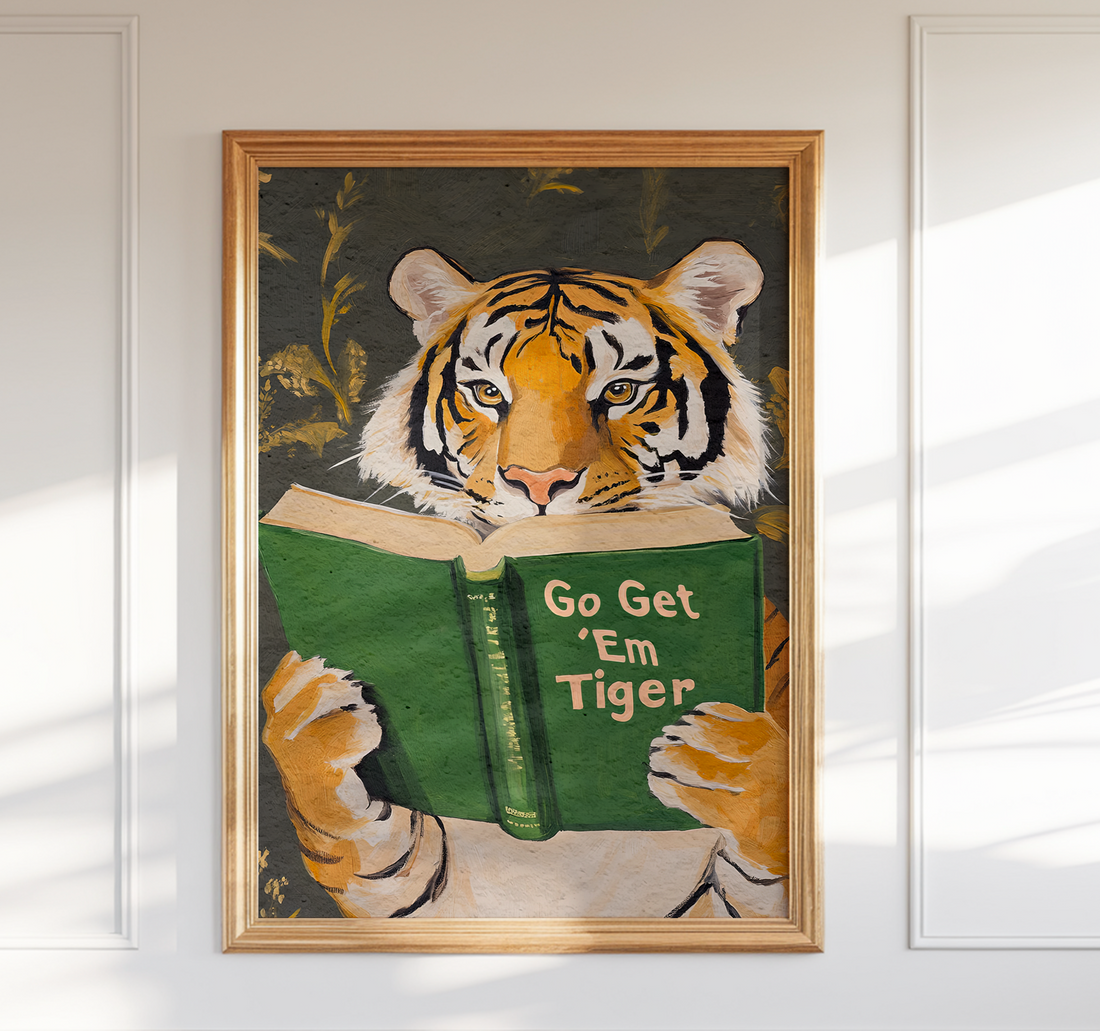 Motivational tiger reading art print for home office wall decor