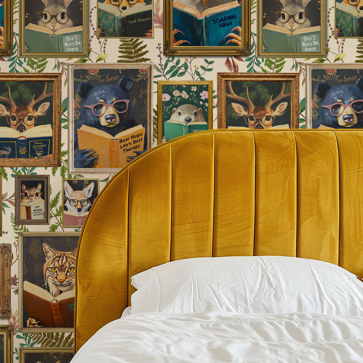Whimsical Animals Reading Wallpaper - Cabin In the Woods Version - Ivory by RebelMod