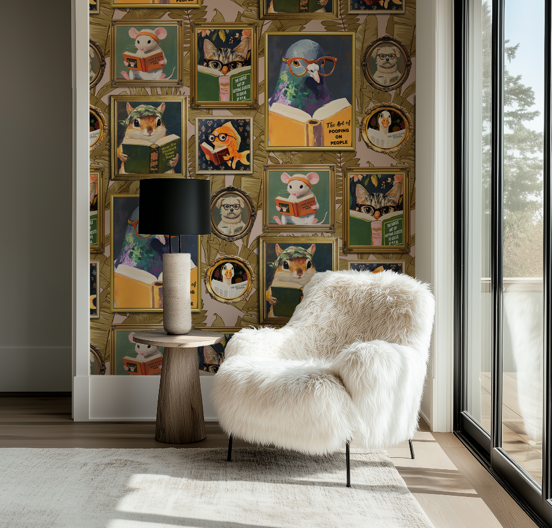 Whimsical animals reading wallpaper featuring woodland creatures with books in a nursery setting