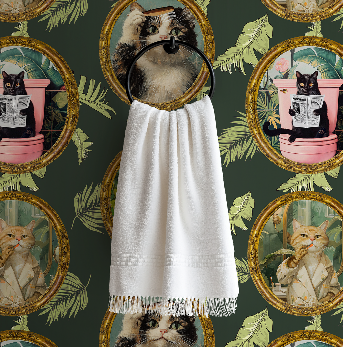 Whimsical tropical cat bathroom wallpaper in a bold bathroom setting
