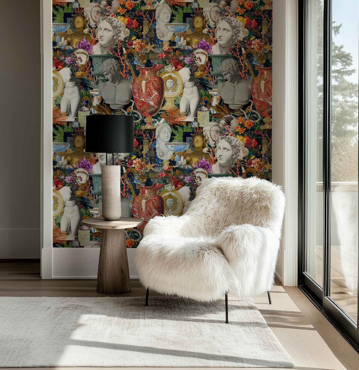 Maximalist home decor - Roman Statues Wallpaper as a statement wall in a bold living room