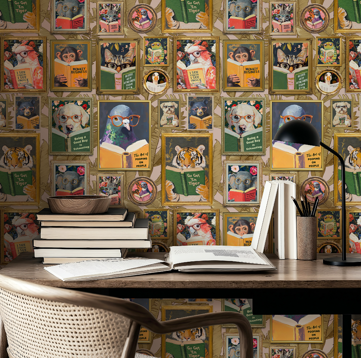 Whimsical Animals Reading Wallpaper by RebelMod