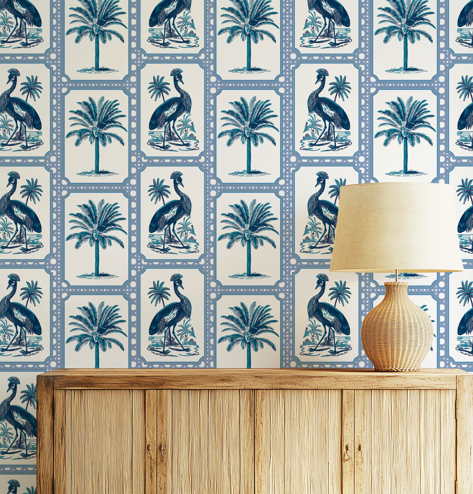 Tropical Oasis Grandmillennial Botanical Wallpaper for coastal bathroom style