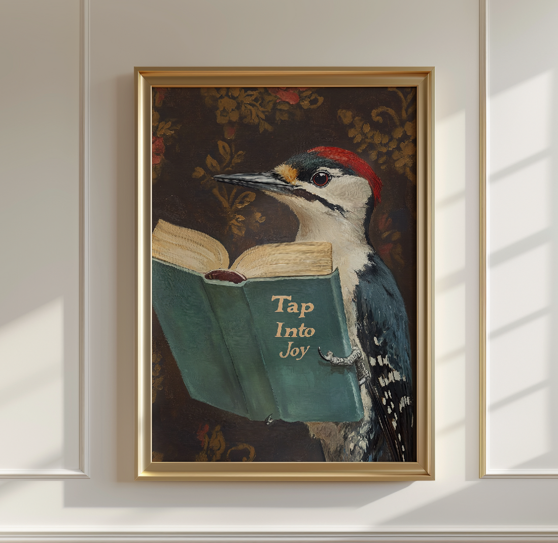 Woodpecker reading a Tap Into Joy book art print by RebelMod in a gold frame