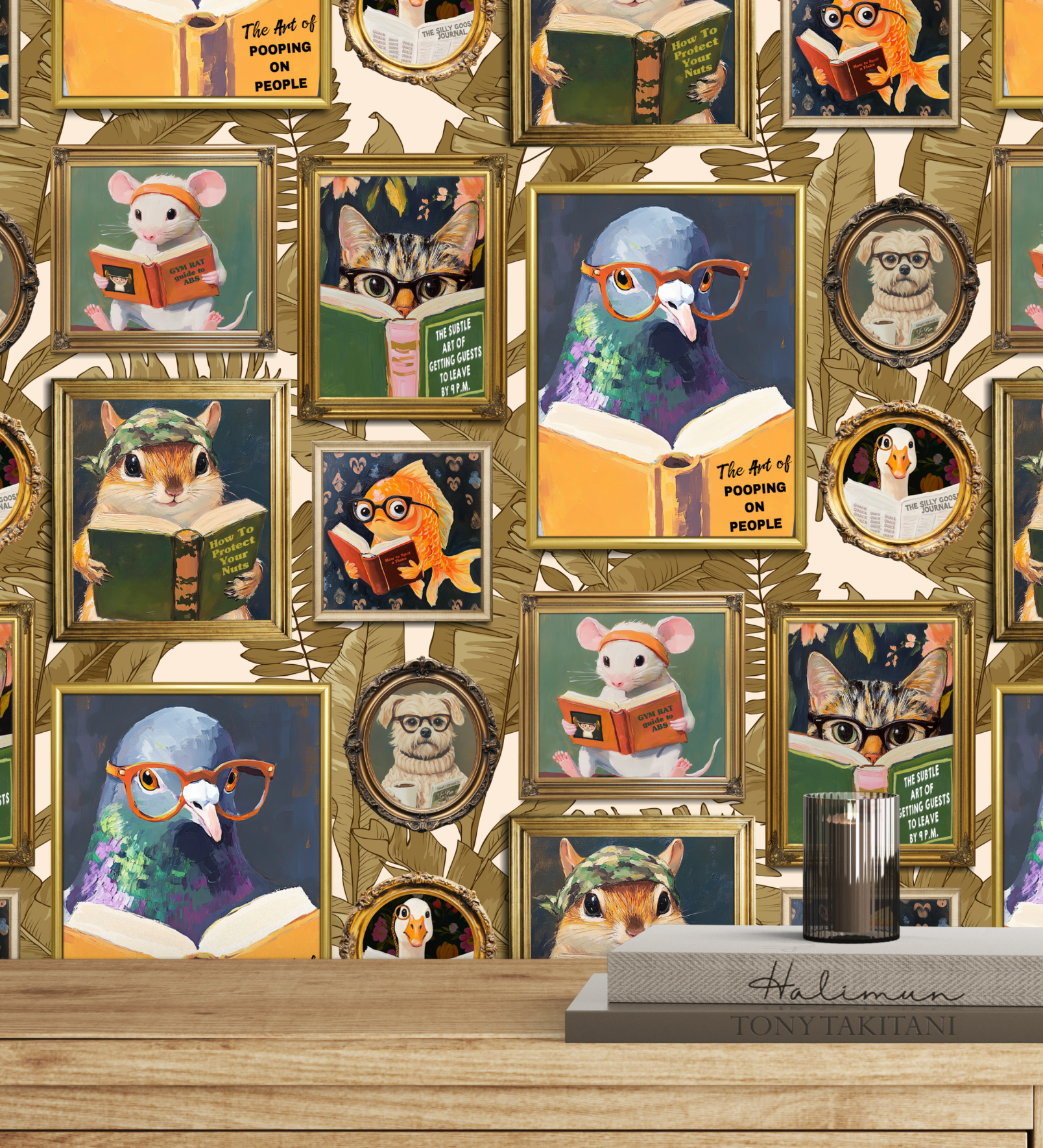 Whimsical Animals Reading wallpaper in ivory showing a dramatic room transformation with literary animal pattern