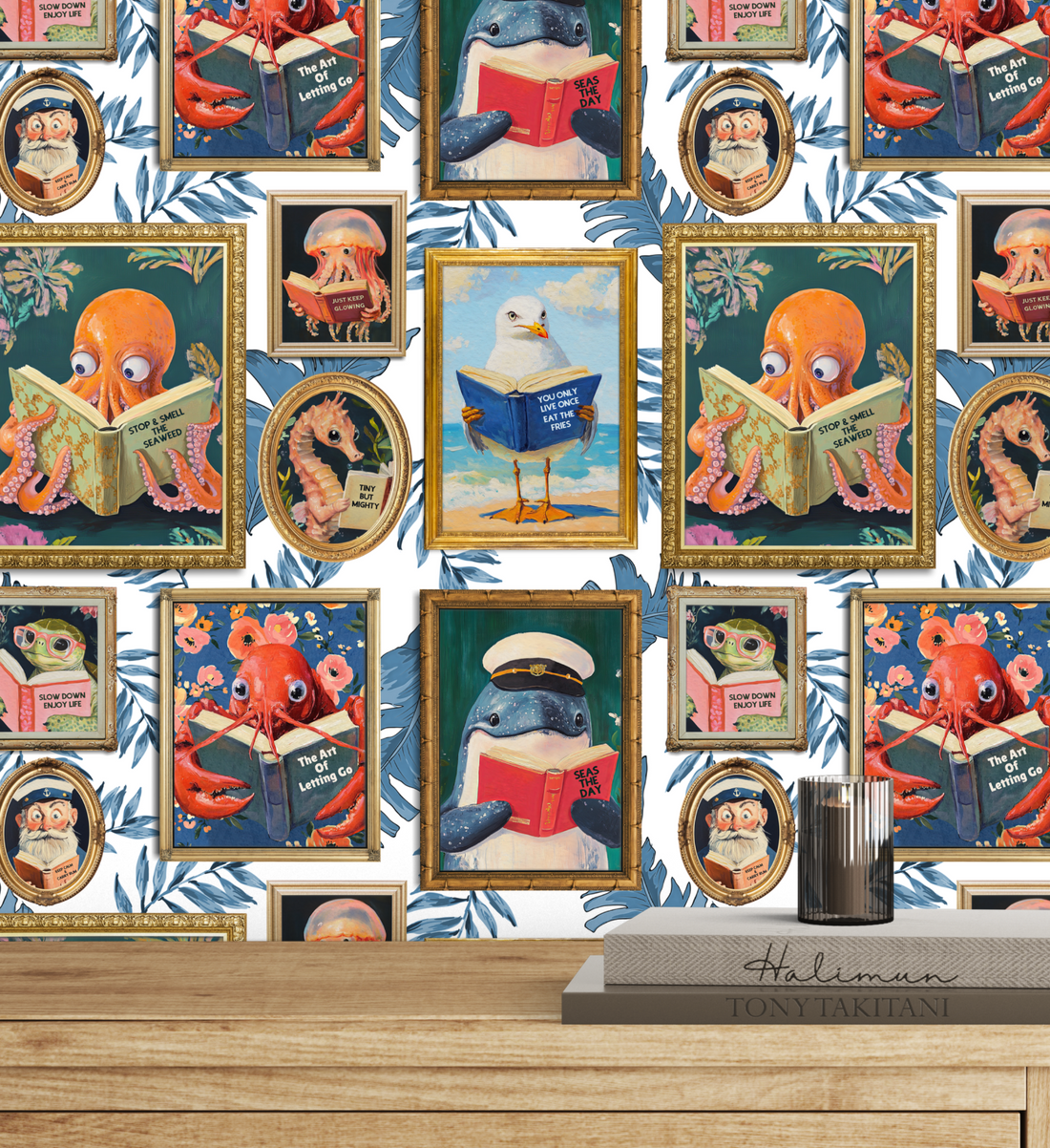 Whimsical coastal animals reading beach house wallpaper from RebelMod