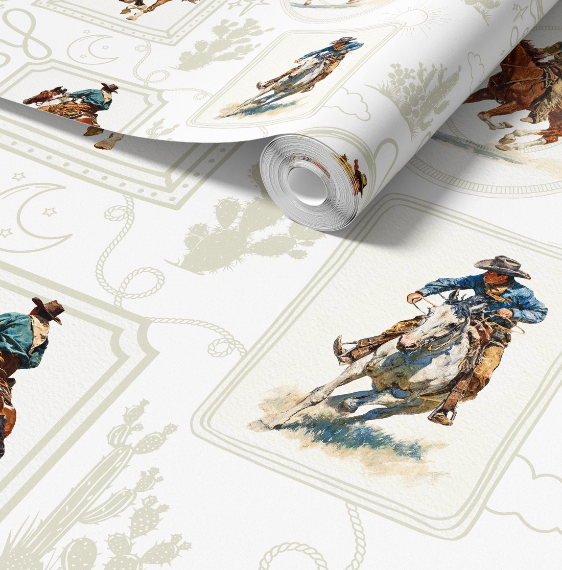 Cowboy retro wallpaper in white for a quirky, personality-filled room