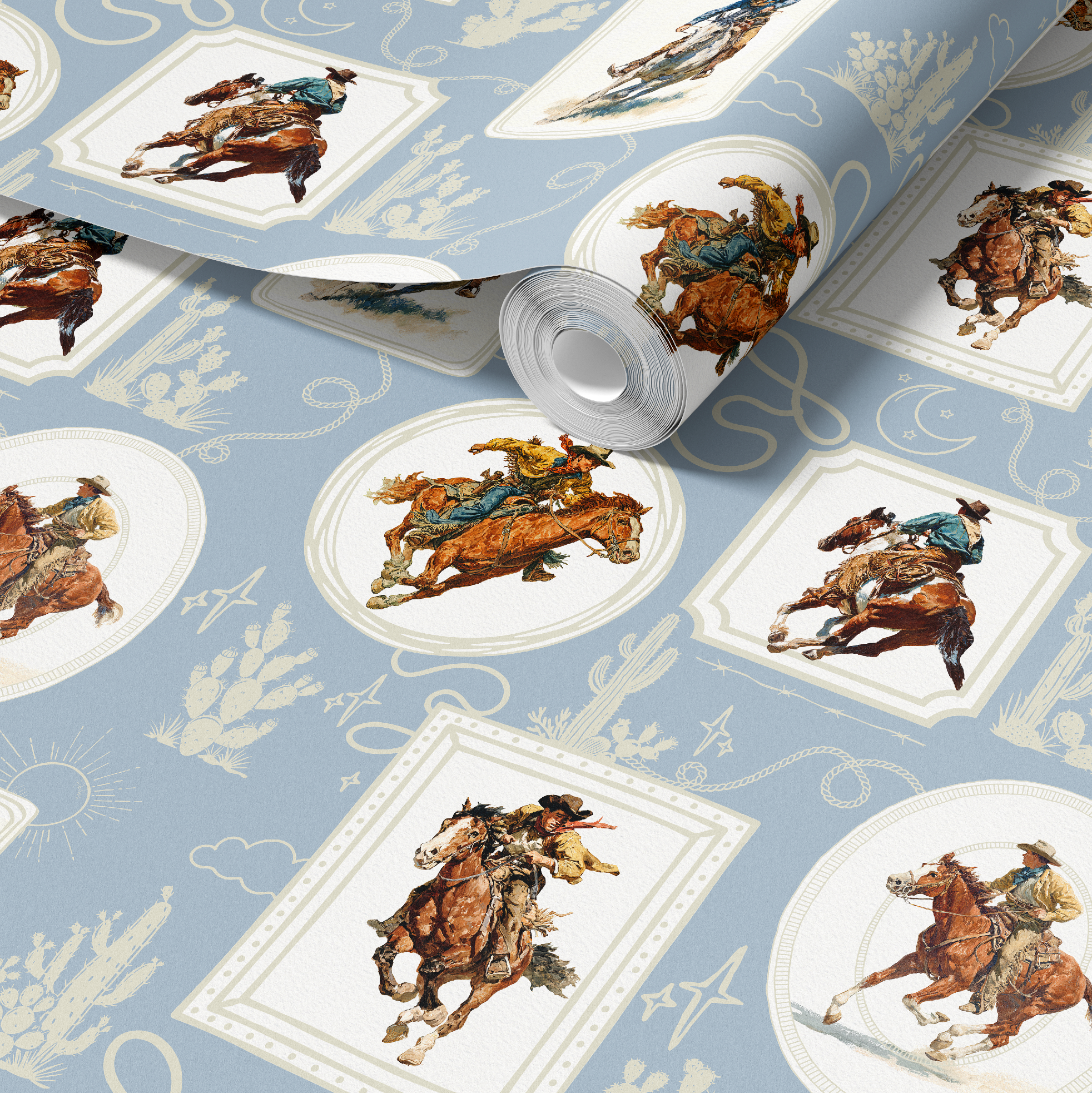 Cowboy retro wallpaper in blue with western illustrations for modern rustic home