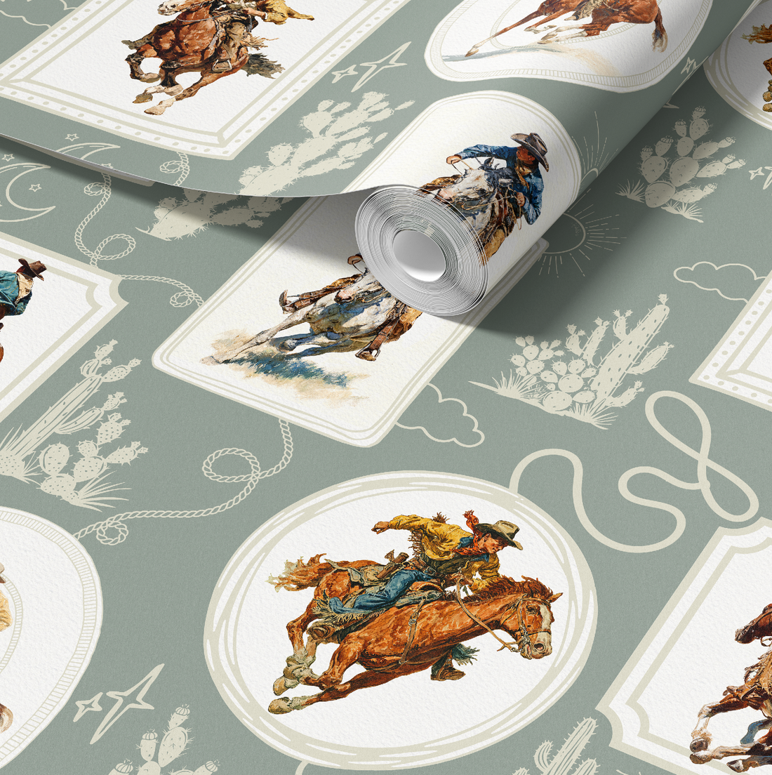 Cowboy Retro Wallpaper Print in Sage Green by RebelMod
