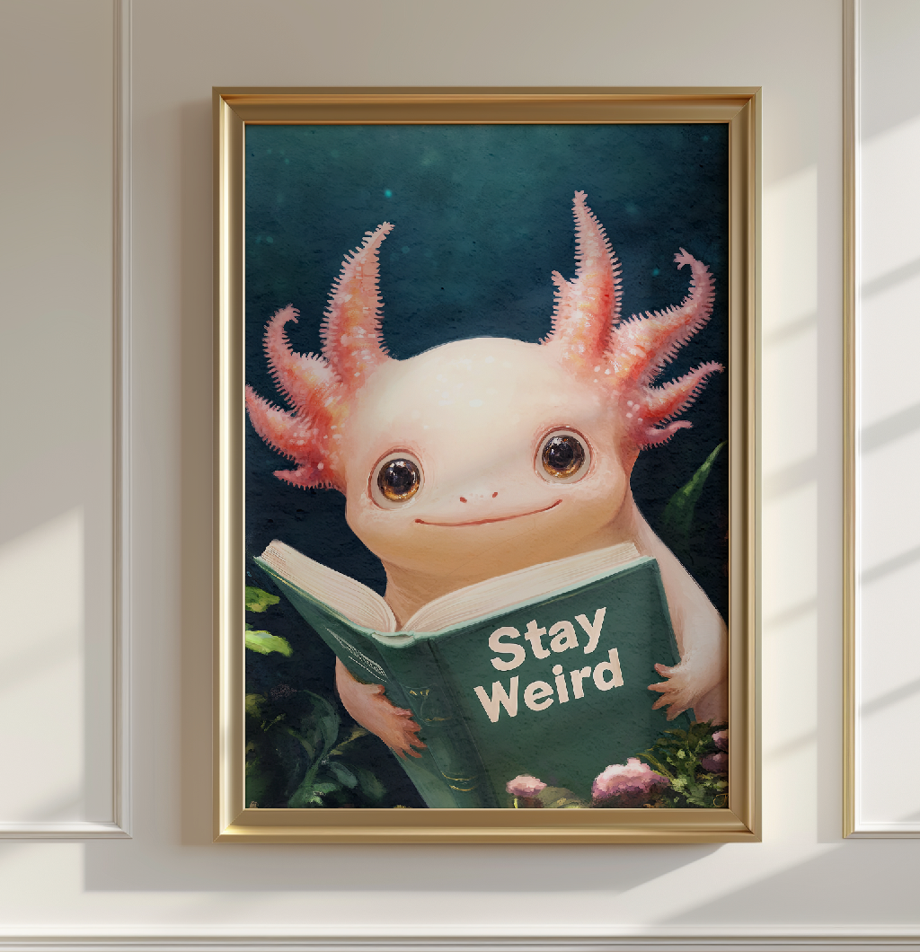 Axolotl Reading Stay Weird Book Print Cute Wall Art by RebelMod
