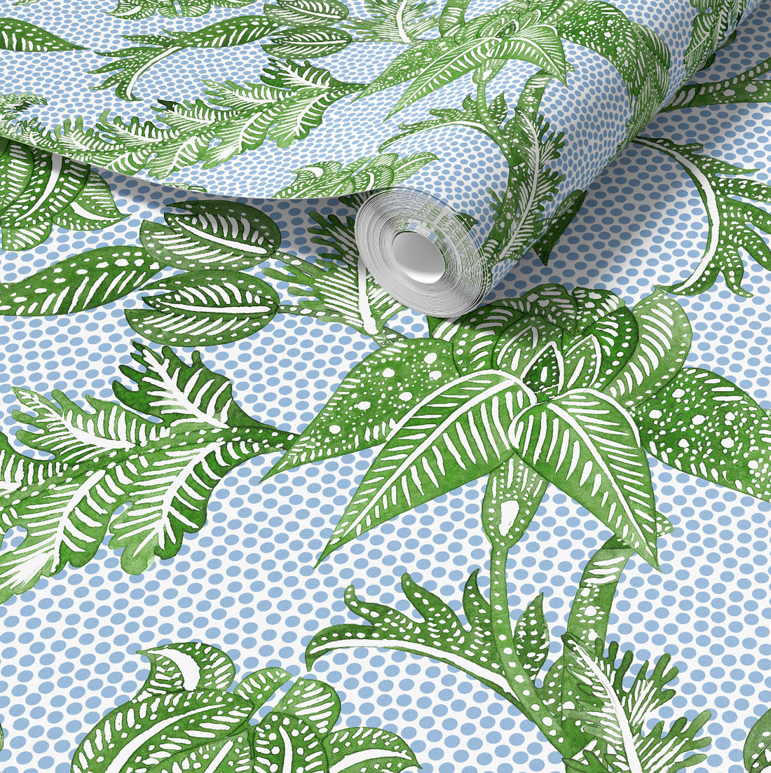 Botanical etching green and blue-dot wallpaper from RebelMod
