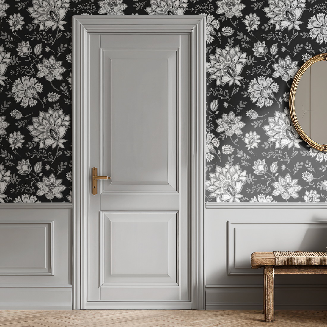 Bohemian Whimsy Floral Noir Wallpaper with elegant black and white botanical design, perfect for a sophisticated bedroom accent wall