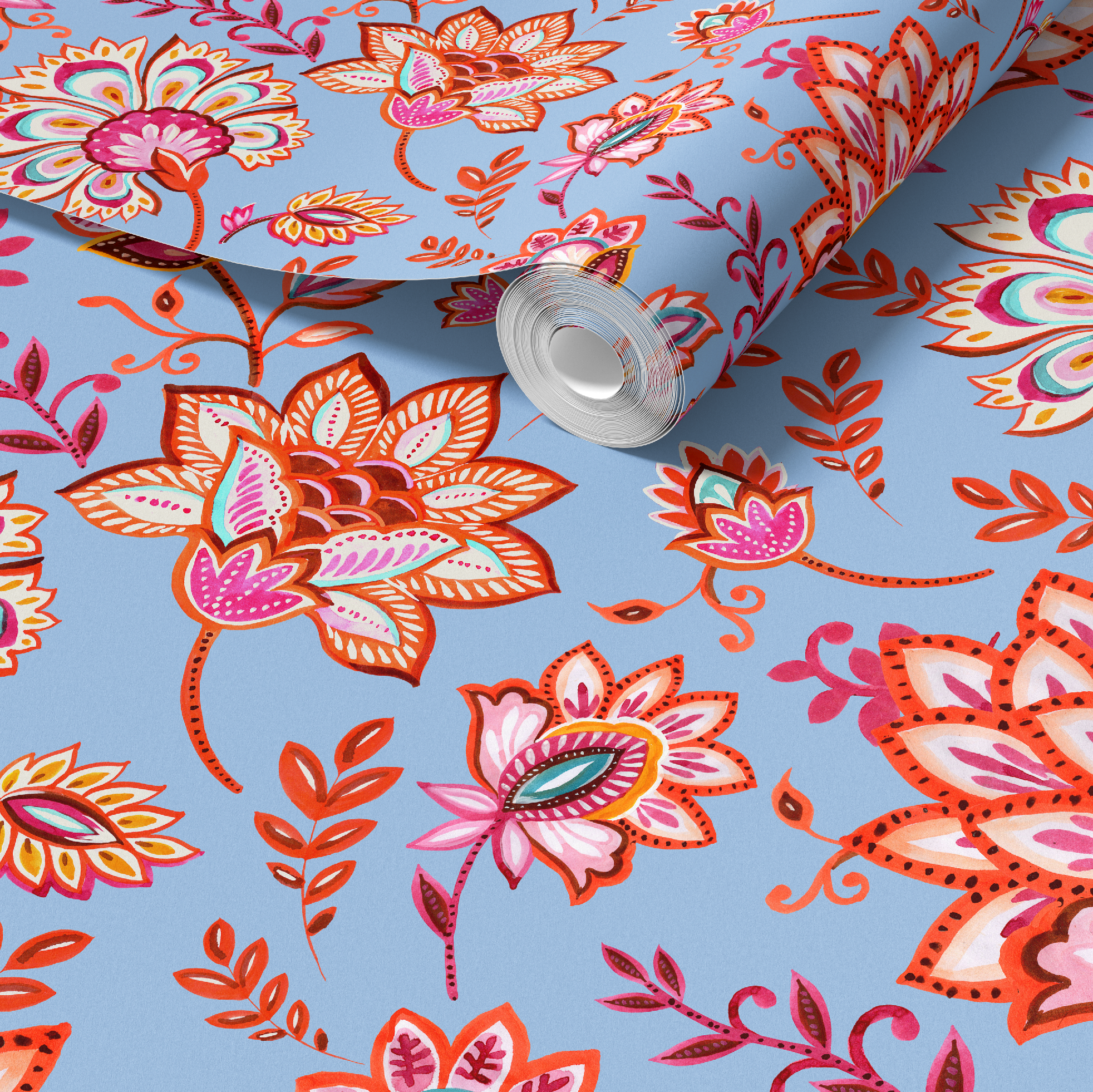 Bohemian Whimsy Floral peel and stick wallpaper in living room setting, demonstrating how removable wallpaper transforms rental spaces