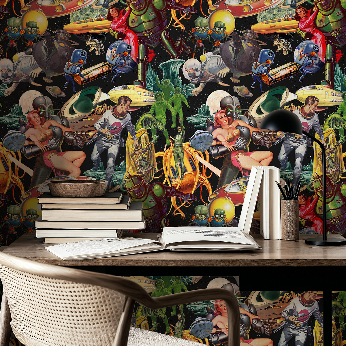 Vintage space mid-century wallpaper with retro rockets and planets from RebelMod on a bold accent wall
