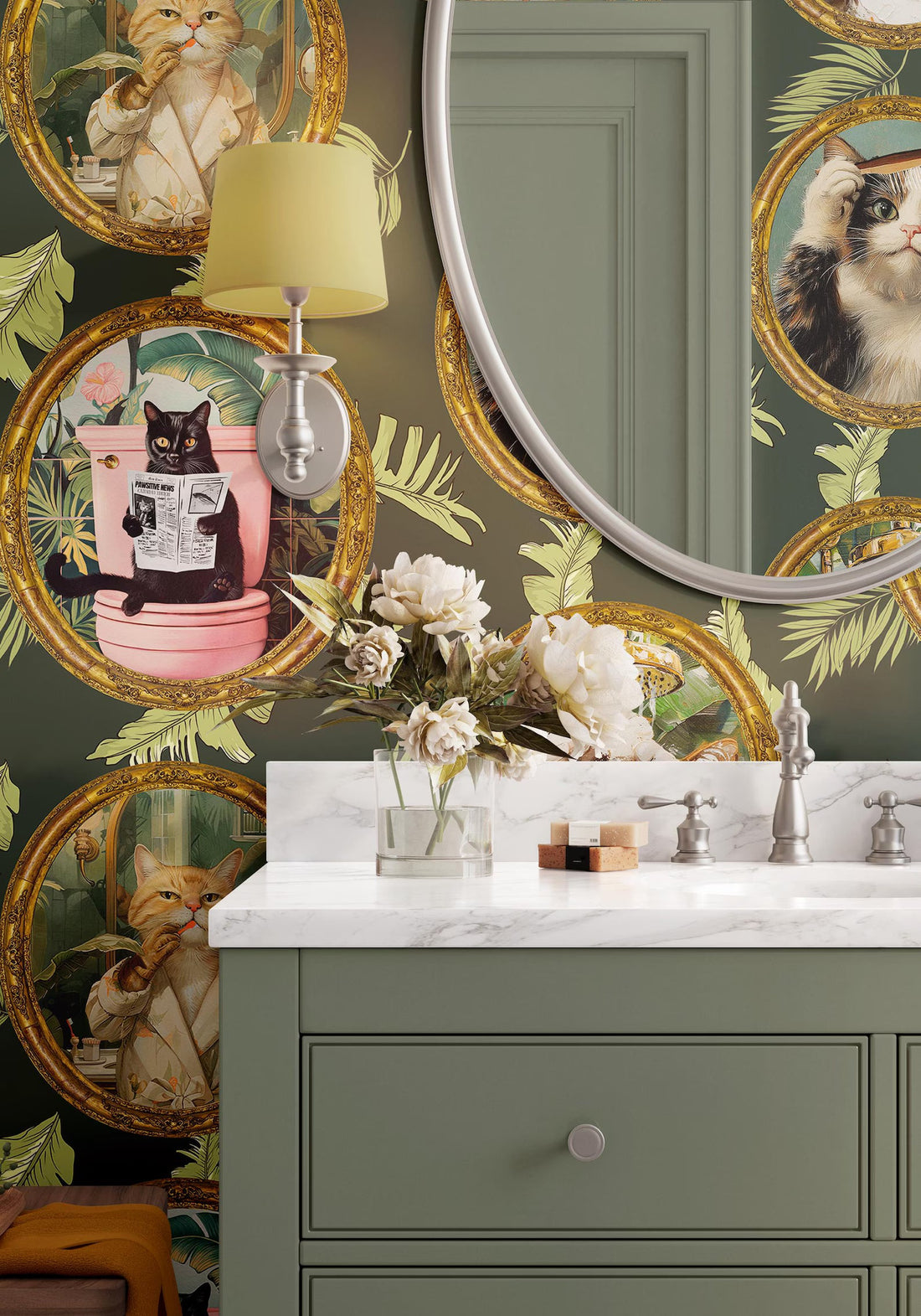 Whimsical Tropical Cat Bathroom Wallpaper by RebelMod