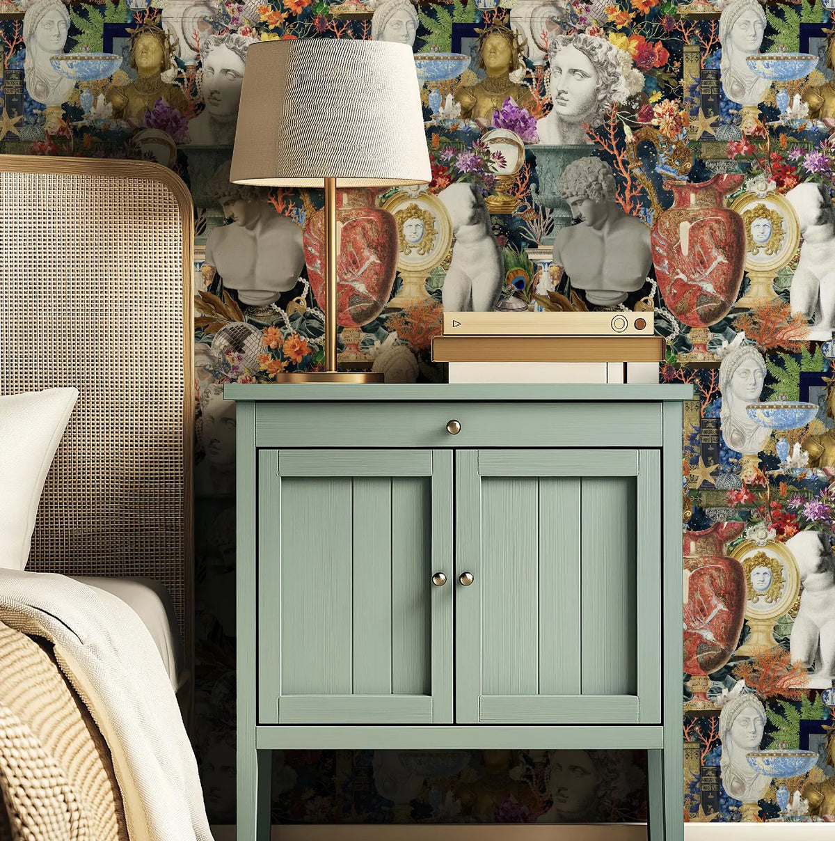 Maximalist Greco-Roman statue wallpaper with modern artifacts from RebelMod