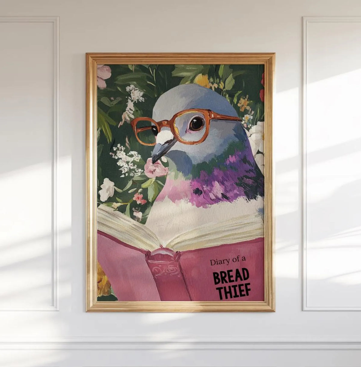 Quirky pigeon reading art print humorous bathroom wall art from RebelMod