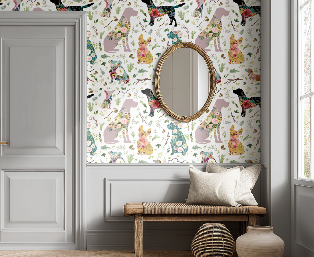Whimsical floral dogs patchwork watercolor wallpaper from RebelMod