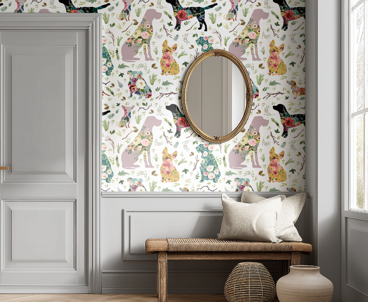 Whimsical floral dogs patchwork watercolor wallpaper from RebelMod