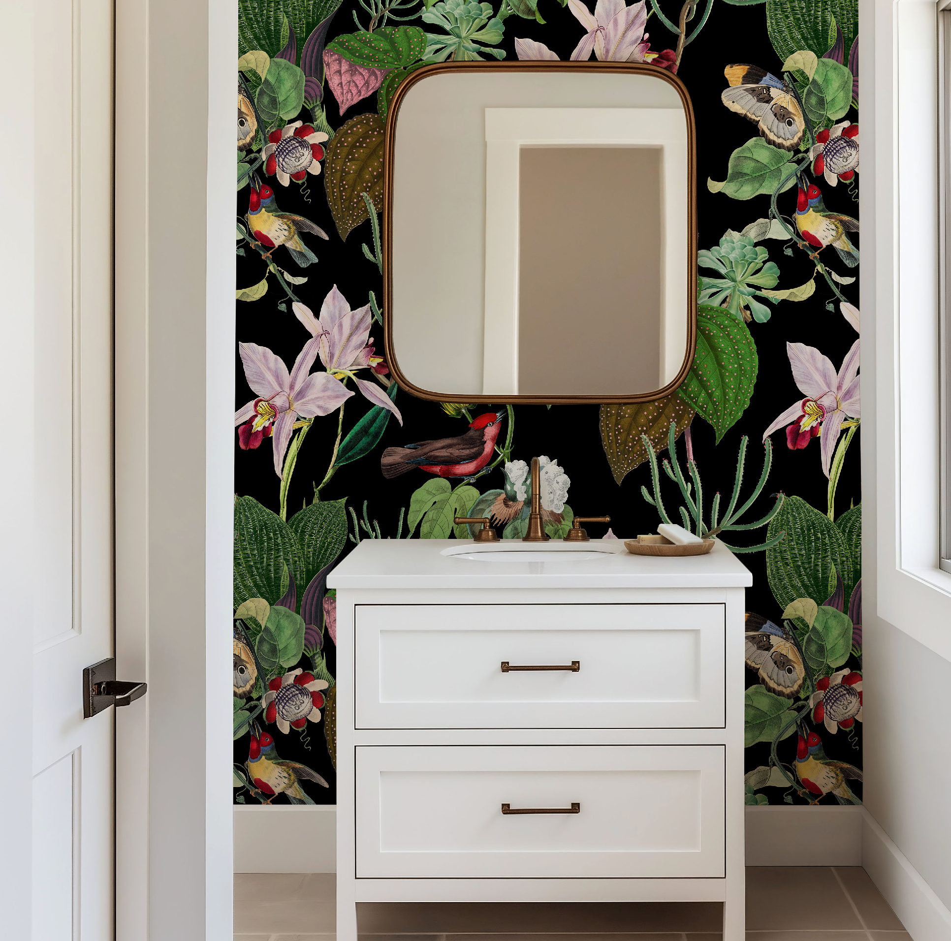 Botanical Birds Wildlife Wallpaper - Black