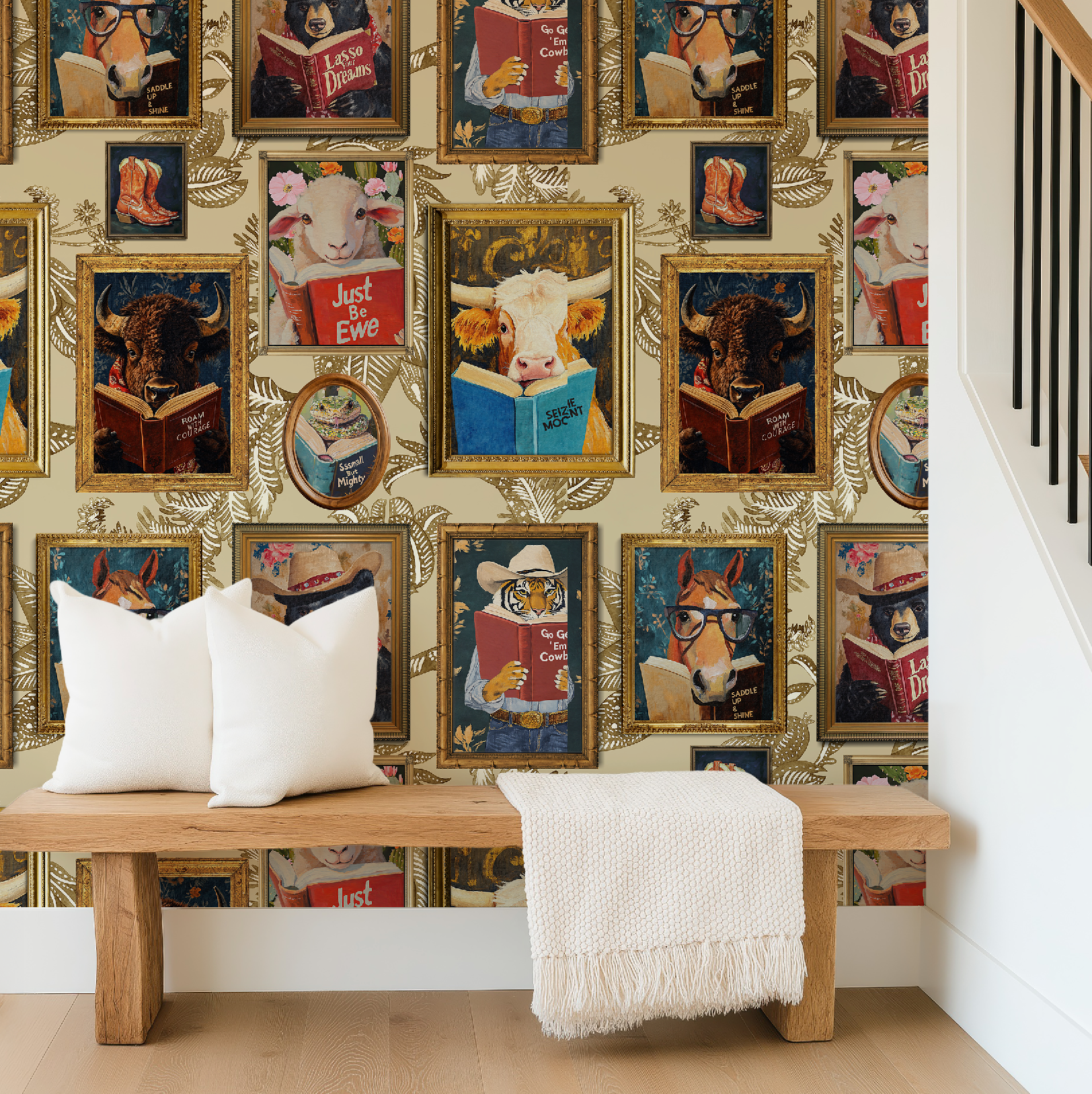 Animals Reading Western Cowboy Ivory Botanical Etching Wallpaper