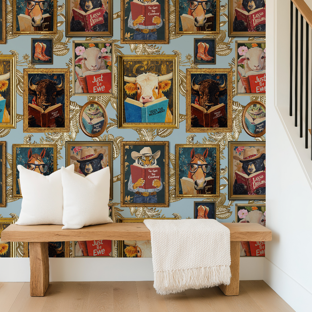 Animals Reading Western Cowboy Blue Botanical Etching Wallpaper