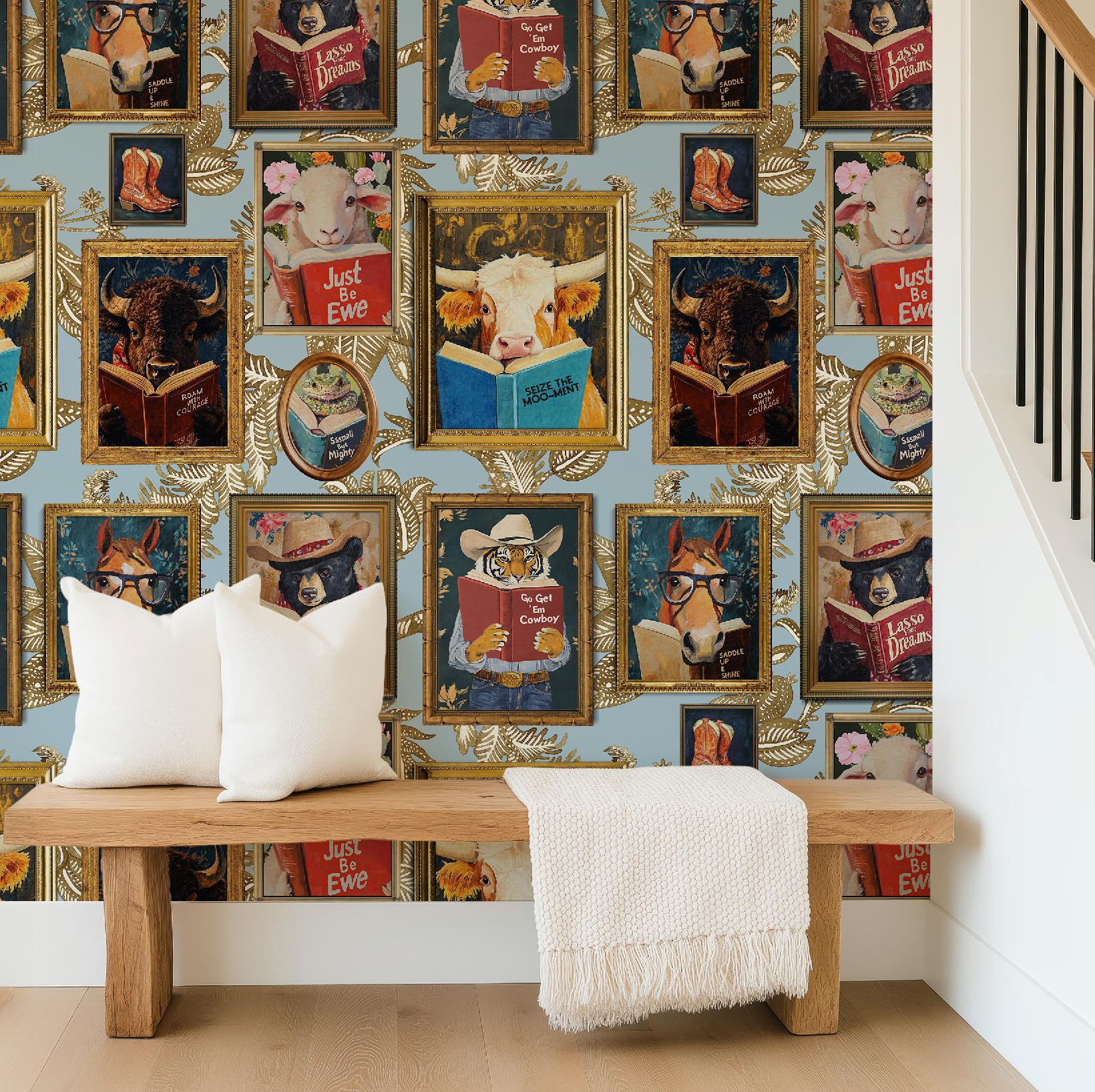 Animals Reading Western Cowboy Blue Botanical Etching Wallpaper