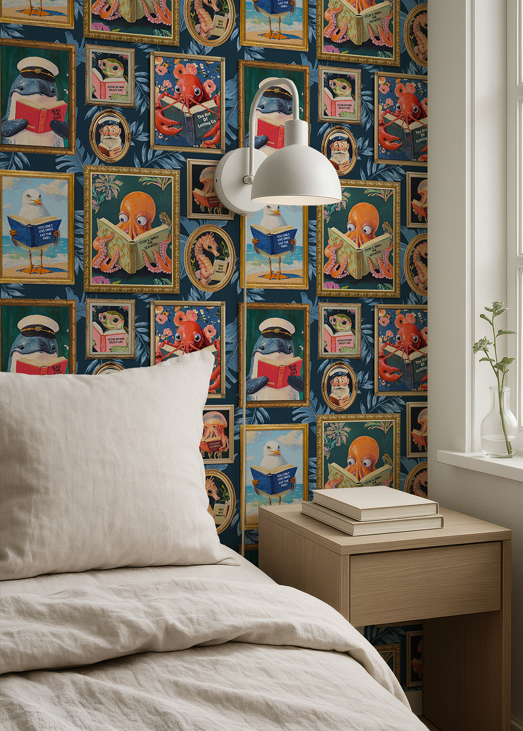 Whimsical Animals Reading Wallpaper - Coastal Beach House Version - Blue