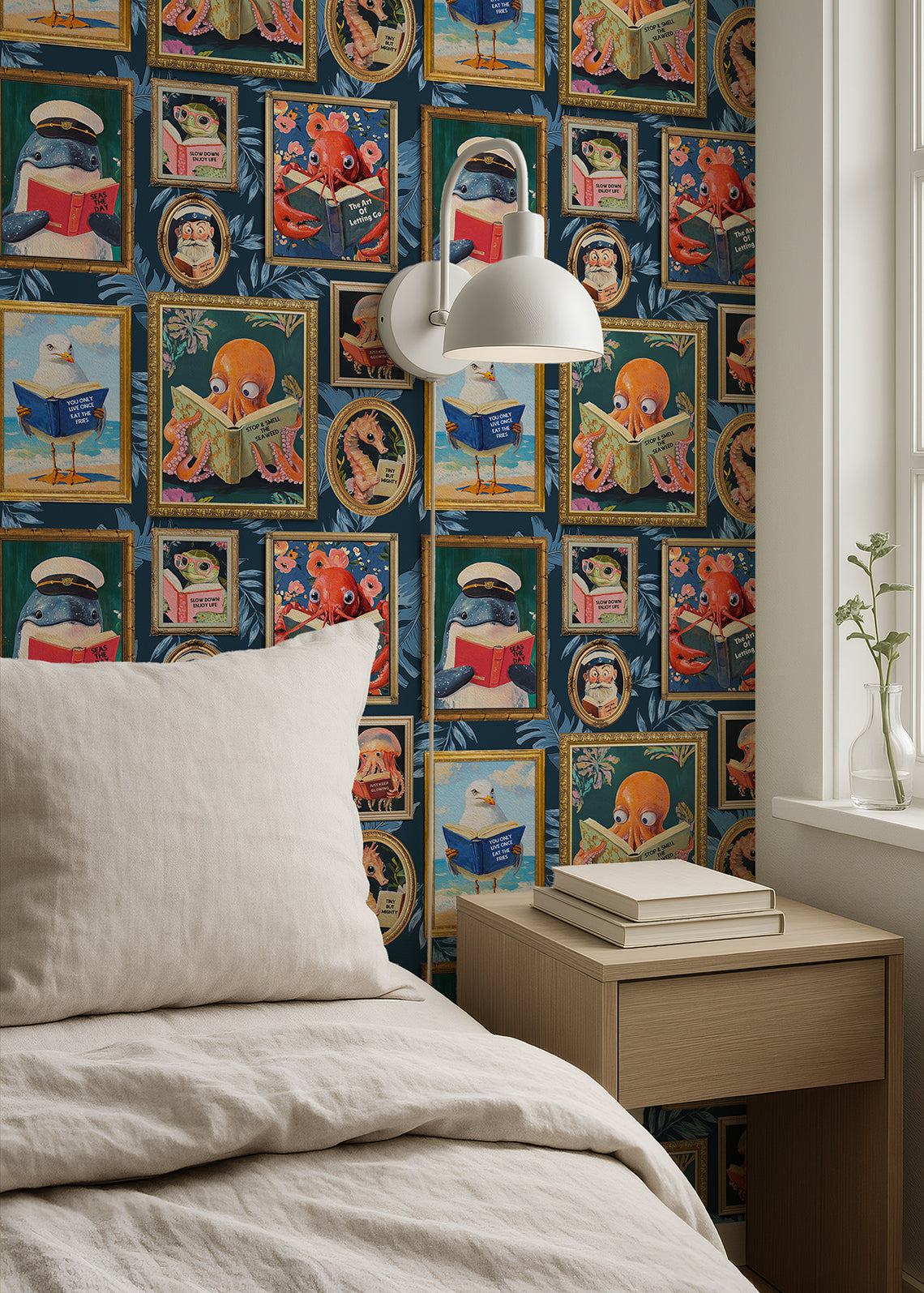 Whimsical Animals Reading Wallpaper - Coastal Beach House Version - Blue