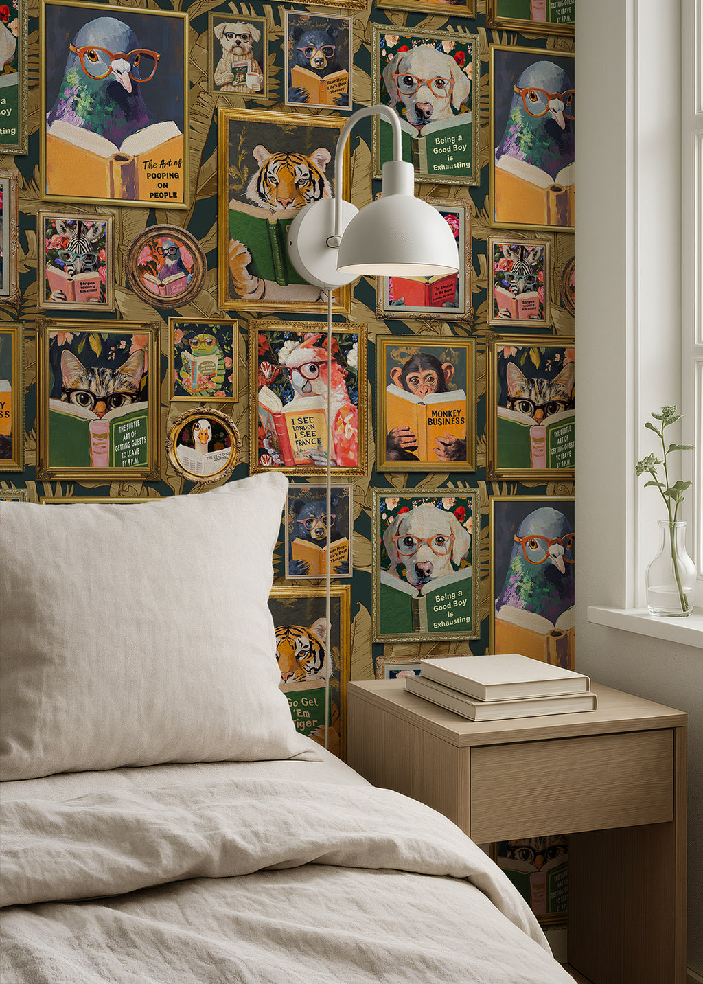 Whimsical Animals Reading Wallpaper - Version 2 - Blue