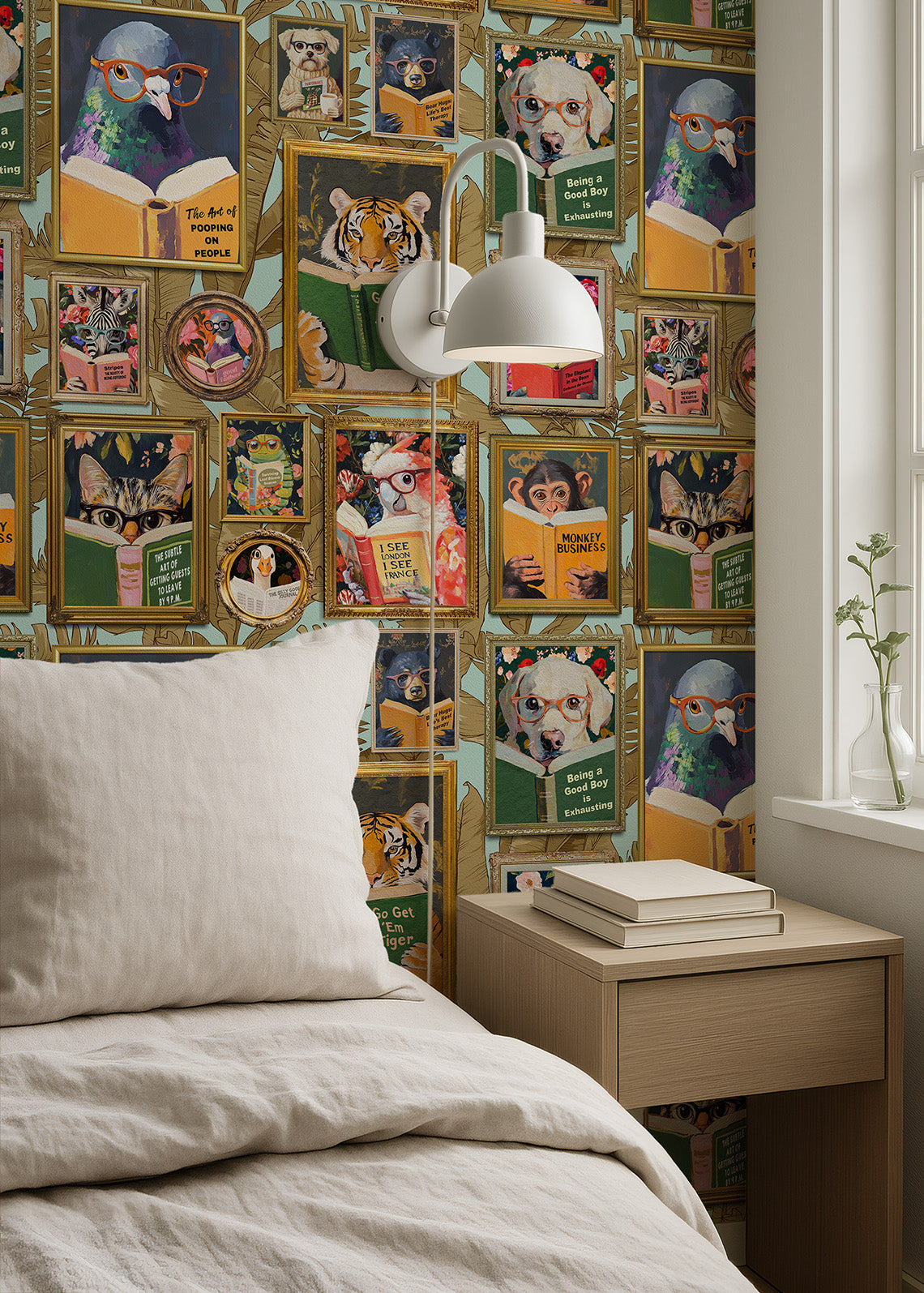 Whimsical Animals Reading Wallpaper - Version 2 - Coastal Blue