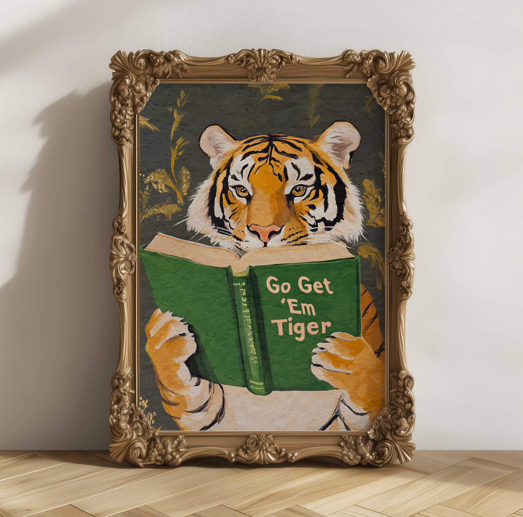 Motivational Tiger Reading Print: Humorous Bookworm Wall Art for Library, Office, or Study Decor
