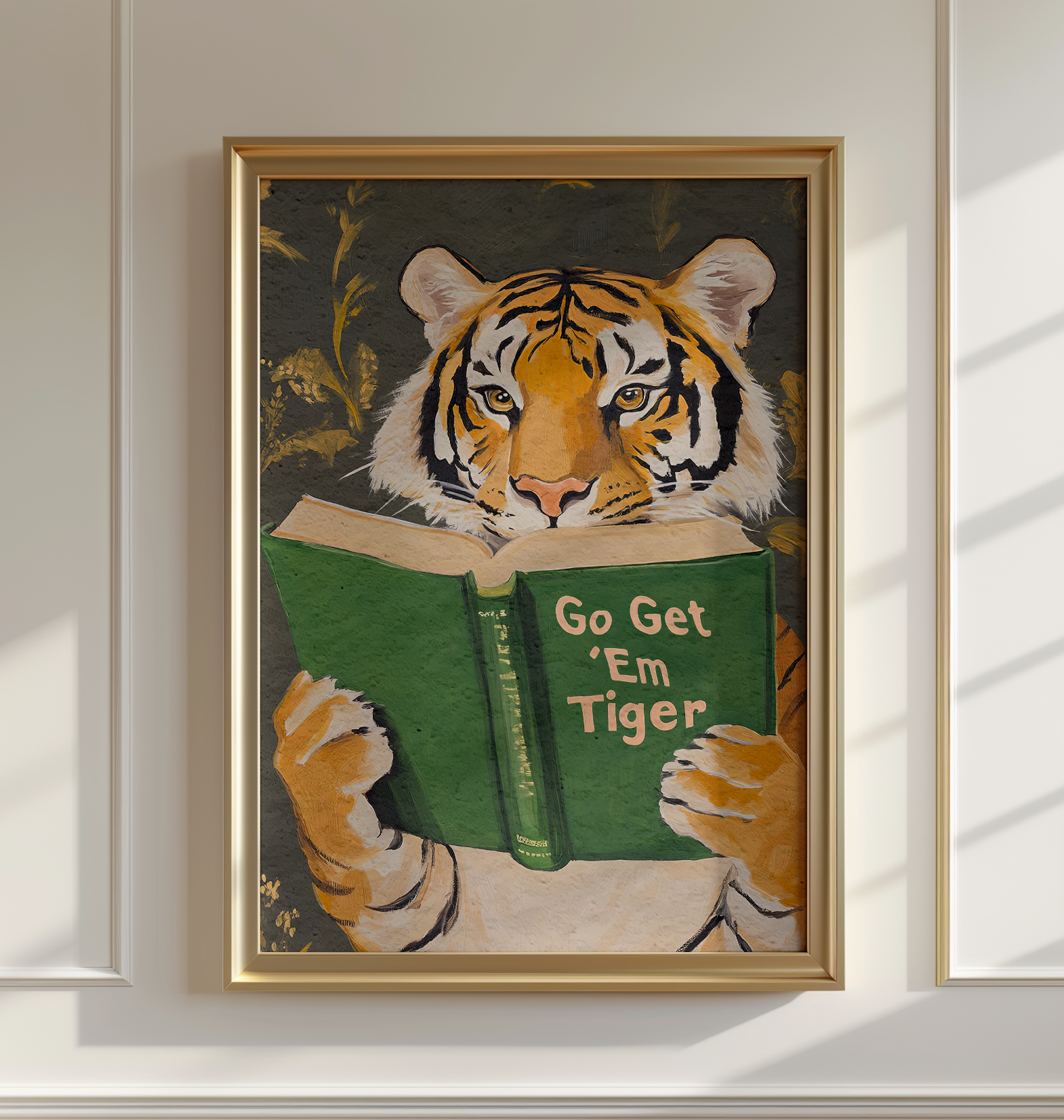 Motivational Tiger Reading Print: Humorous Bookworm Wall Art for Library, Office, or Study Decor