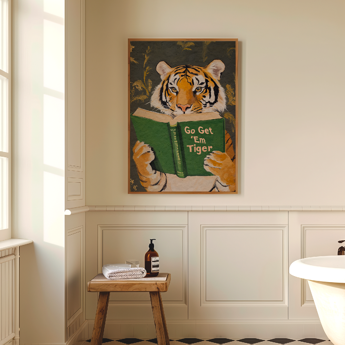Motivational Tiger Reading Print: Humorous Bookworm Wall Art for Library, Office, or Study Decor