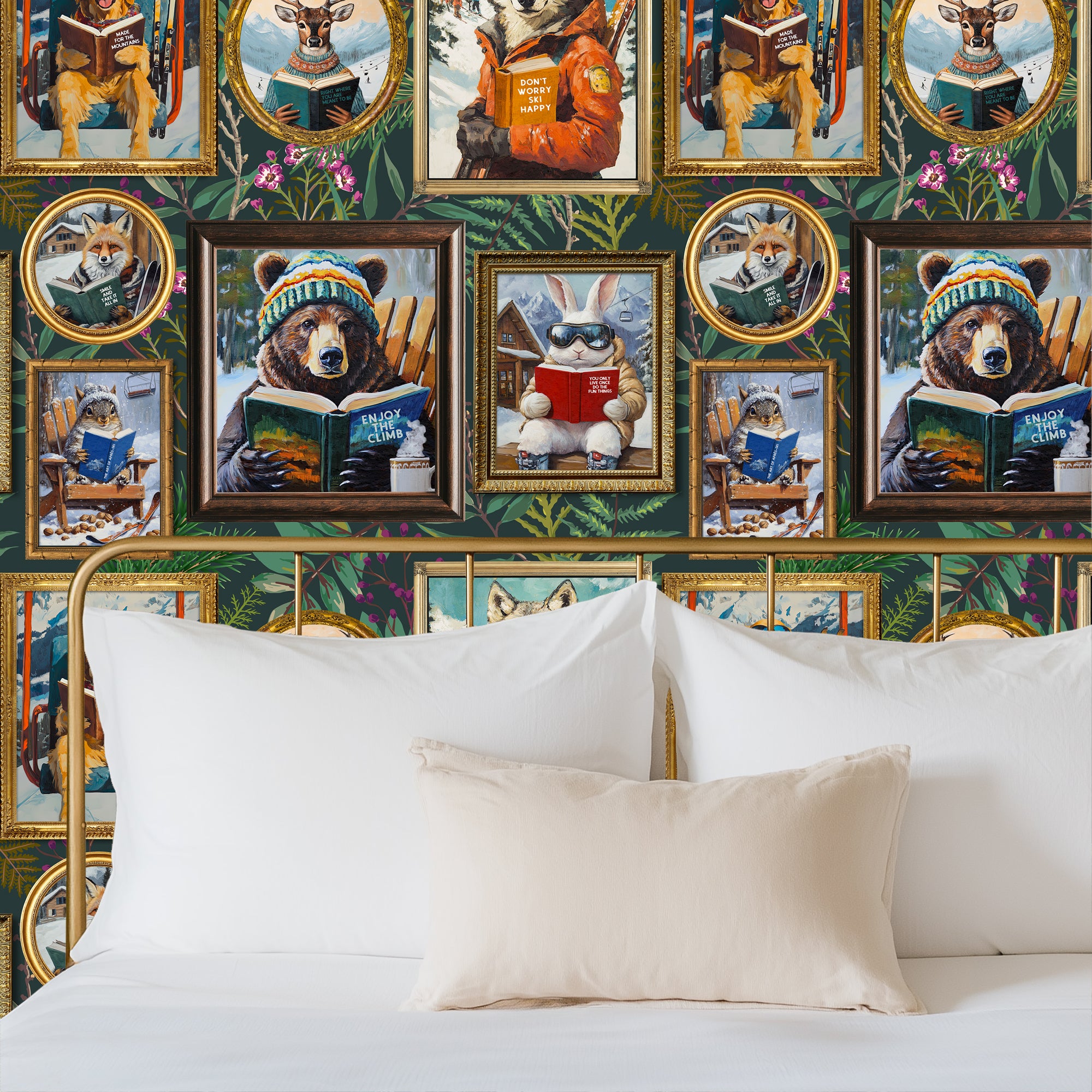 Whimsical Animals Reading Ski Lodge Green Wallpaper