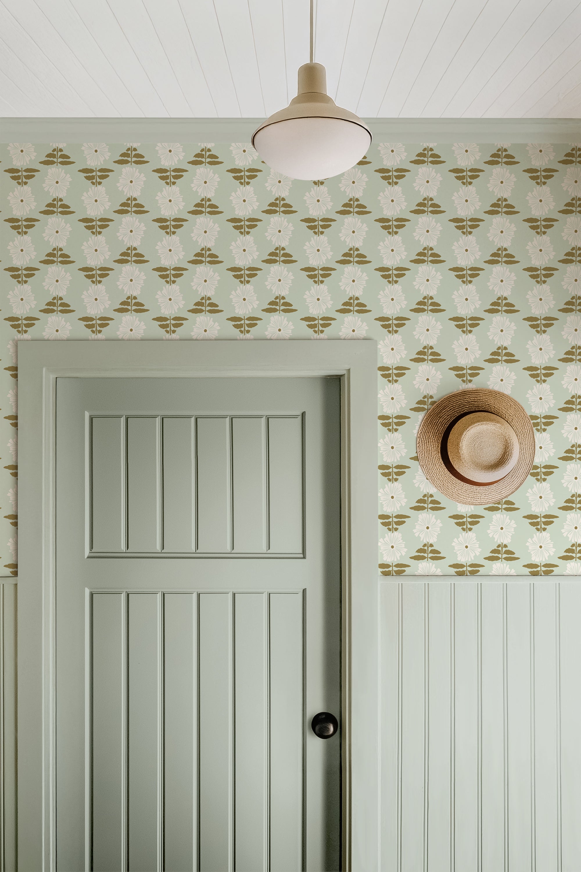 Vibrant Retro Floral Wallpaper - Mint Green Background