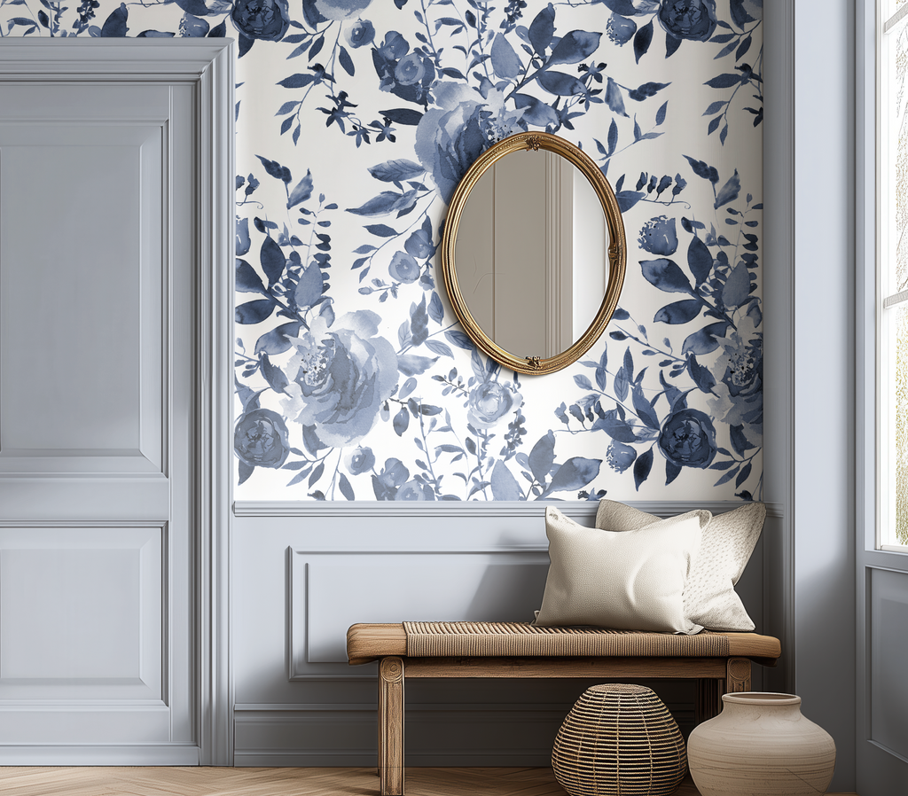 Indigo Blue Watercolor Floral Wallpaper