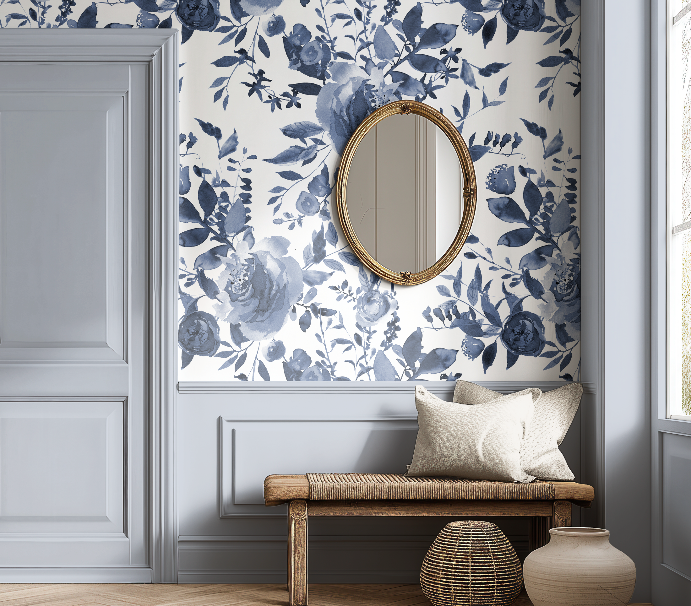 Indigo Blue Watercolor Floral Wallpaper