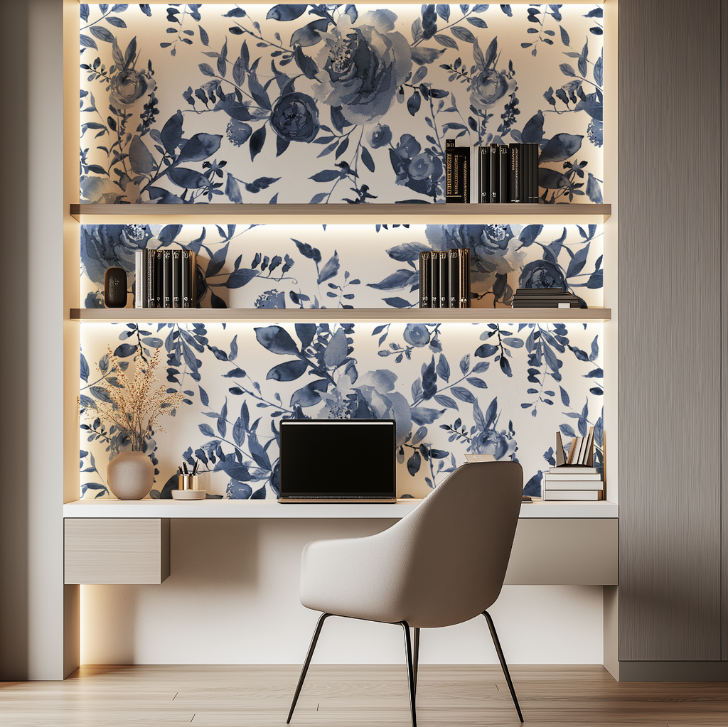 Indigo Blue Watercolor Floral Wallpaper