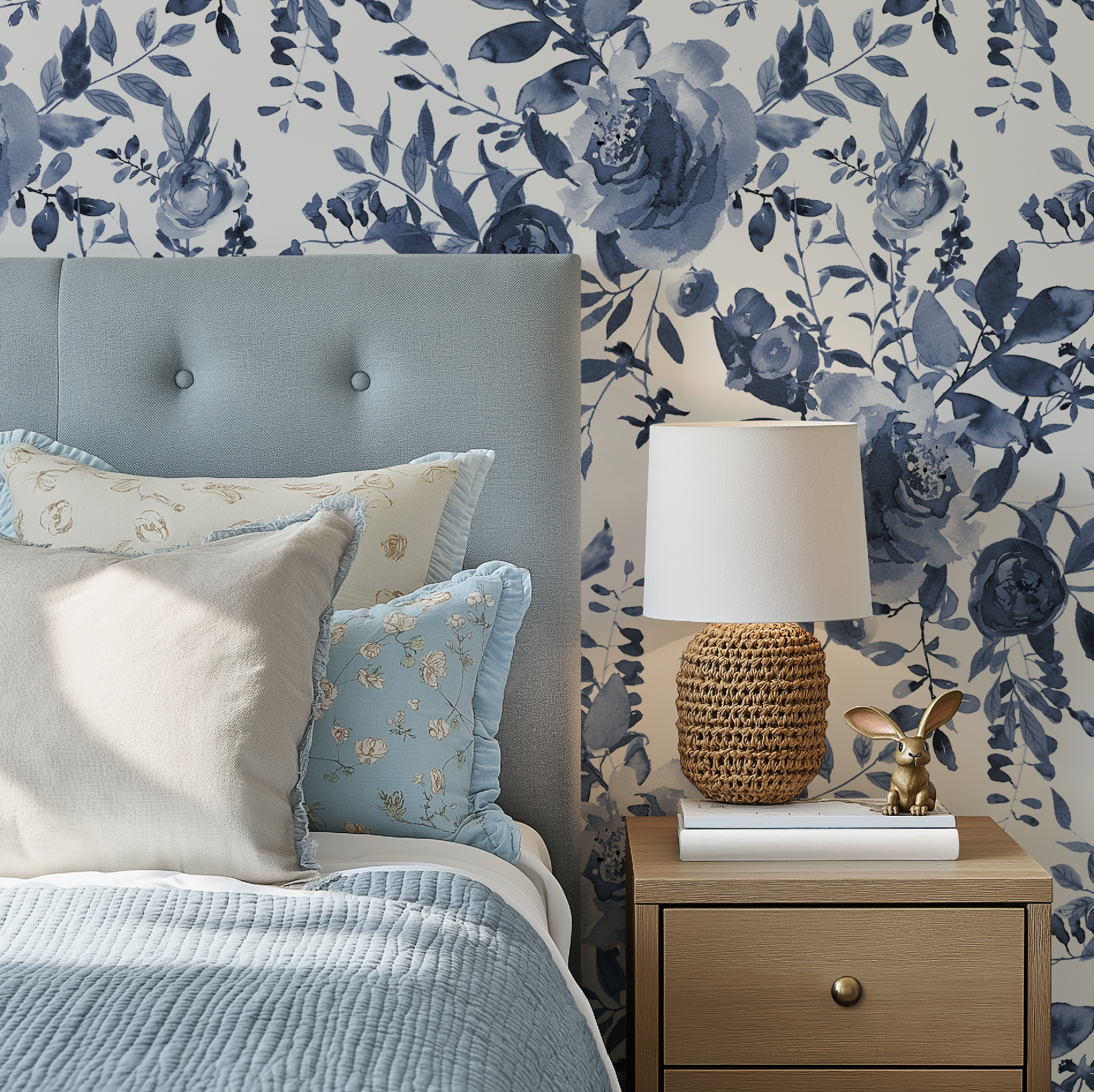Indigo Blue Watercolor Floral Wallpaper