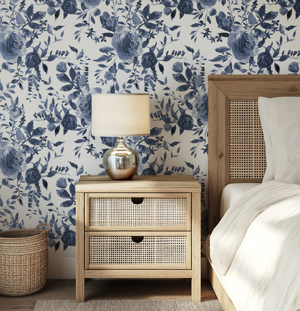 Indigo Blue Watercolor Floral Wallpaper