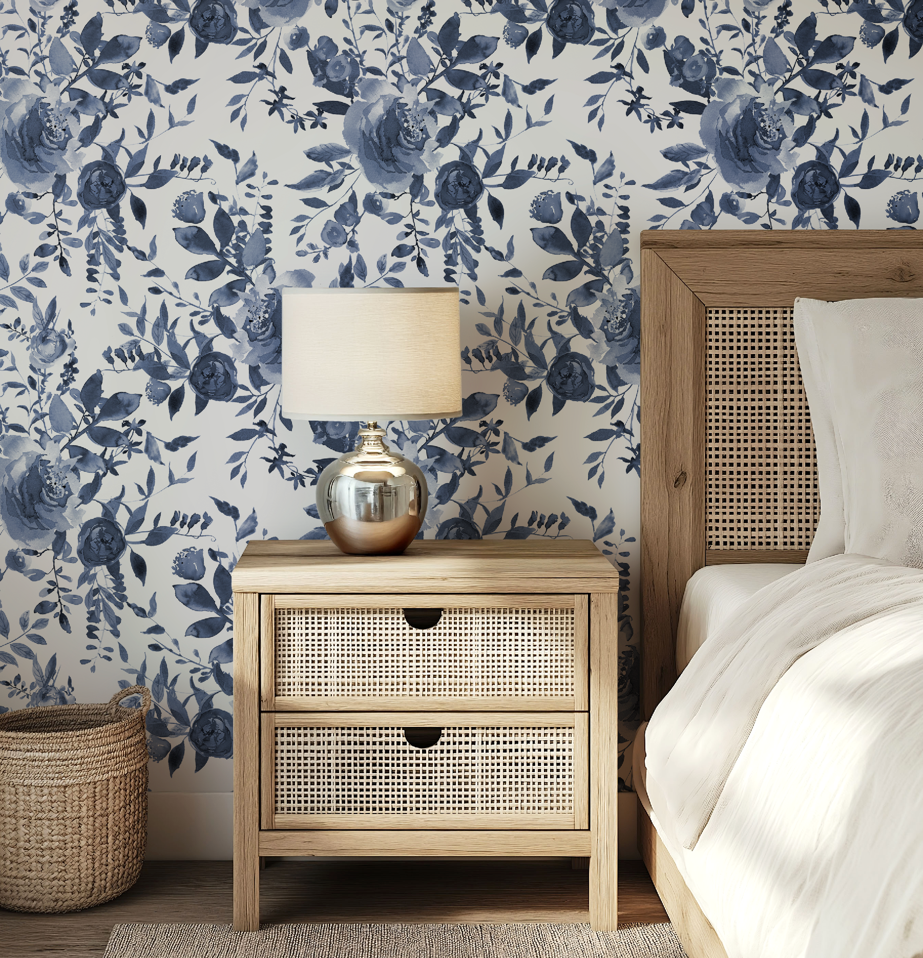 Indigo Blue Watercolor Floral Wallpaper