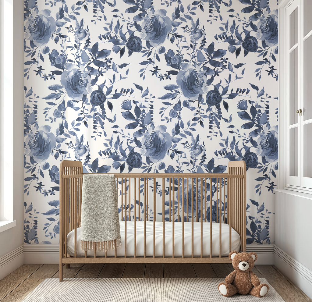 Indigo Blue Watercolor Floral Wallpaper