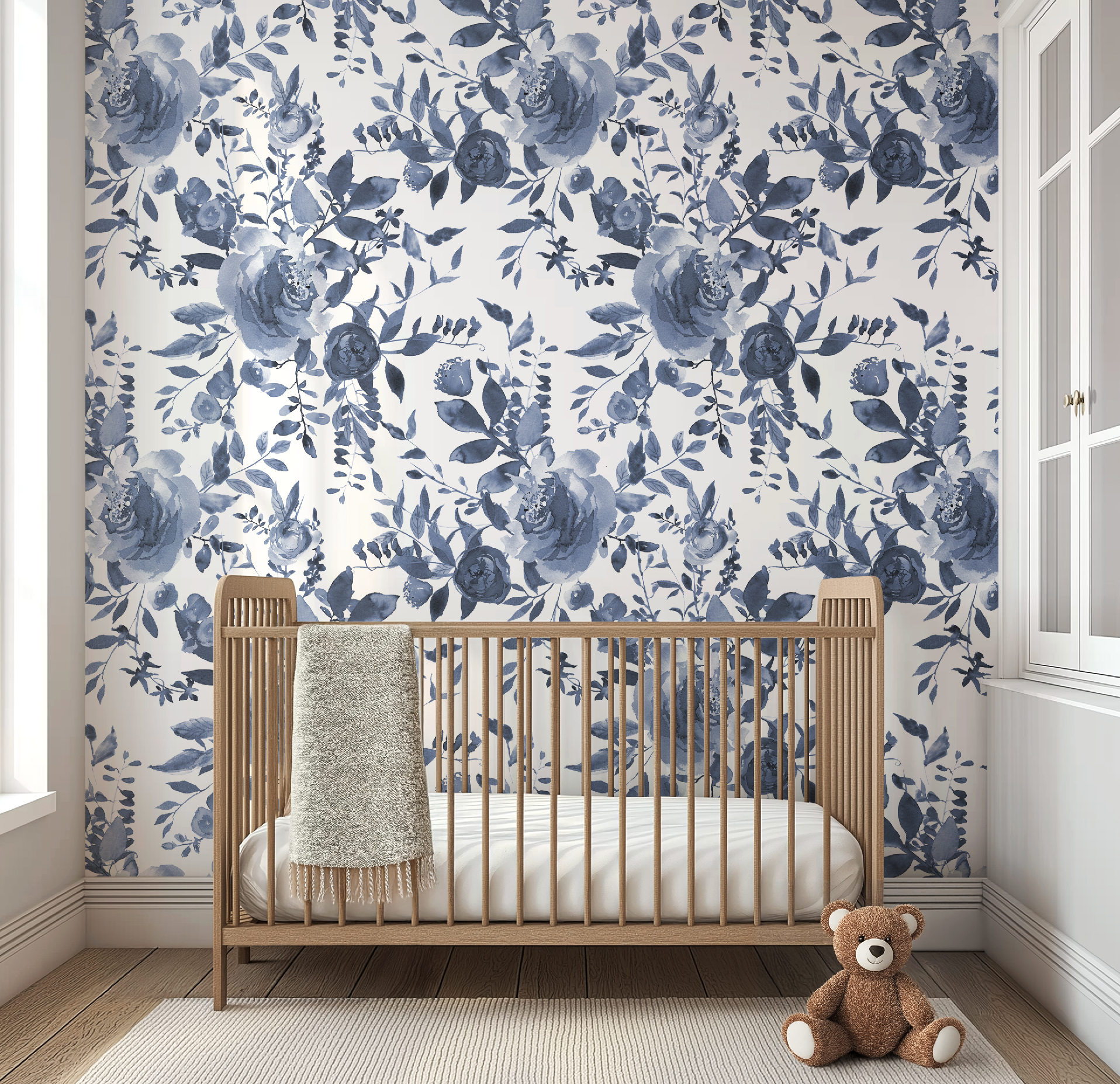 Indigo Blue Watercolor Floral Wallpaper