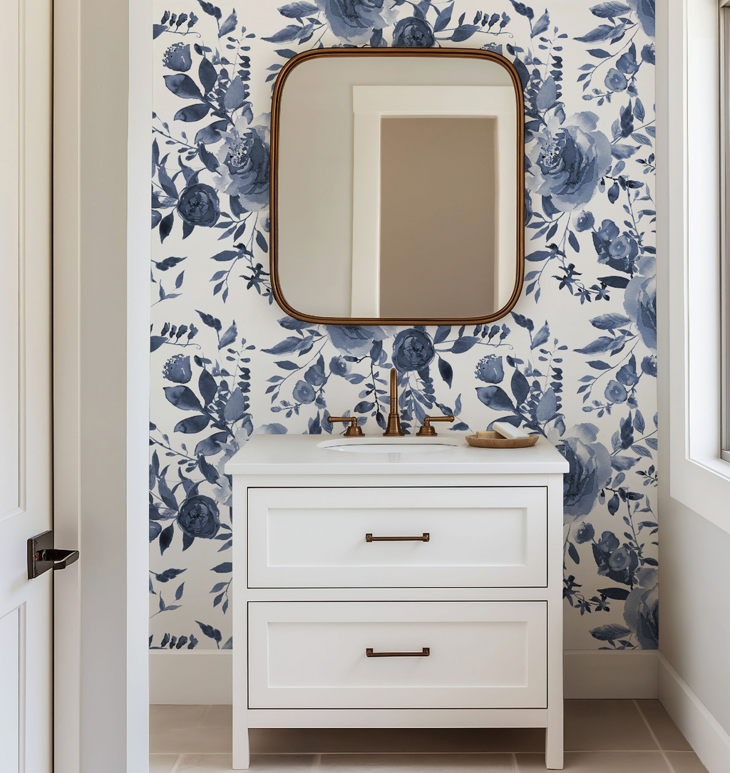 Indigo Blue Watercolor Floral Wallpaper