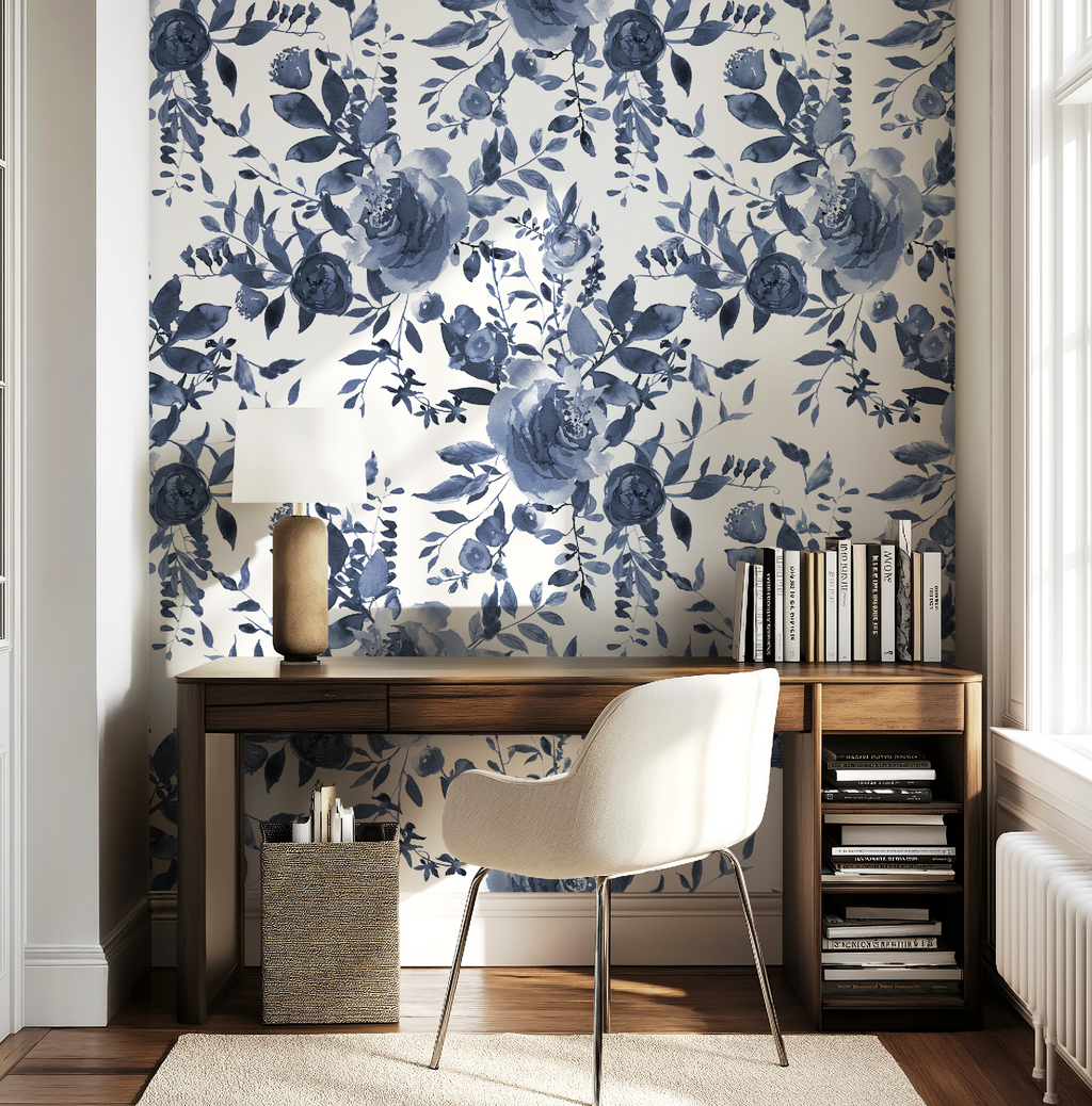 Indigo Blue Watercolor Floral Wallpaper