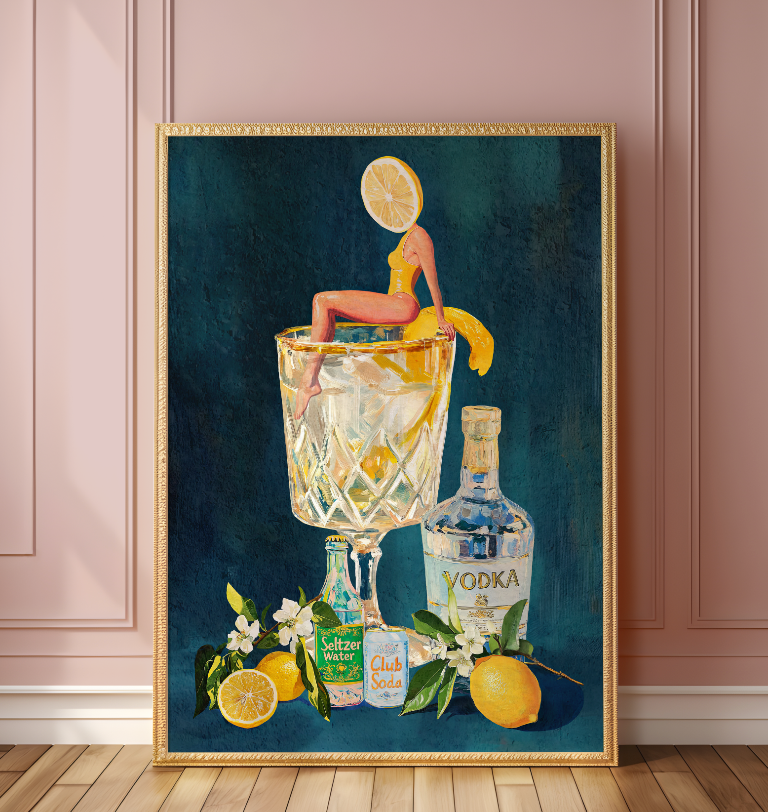 Lemon Vodka Seltzer Art Print: Refreshing Cocktail Wall Poster for Bar Cart & Kitchen Decor