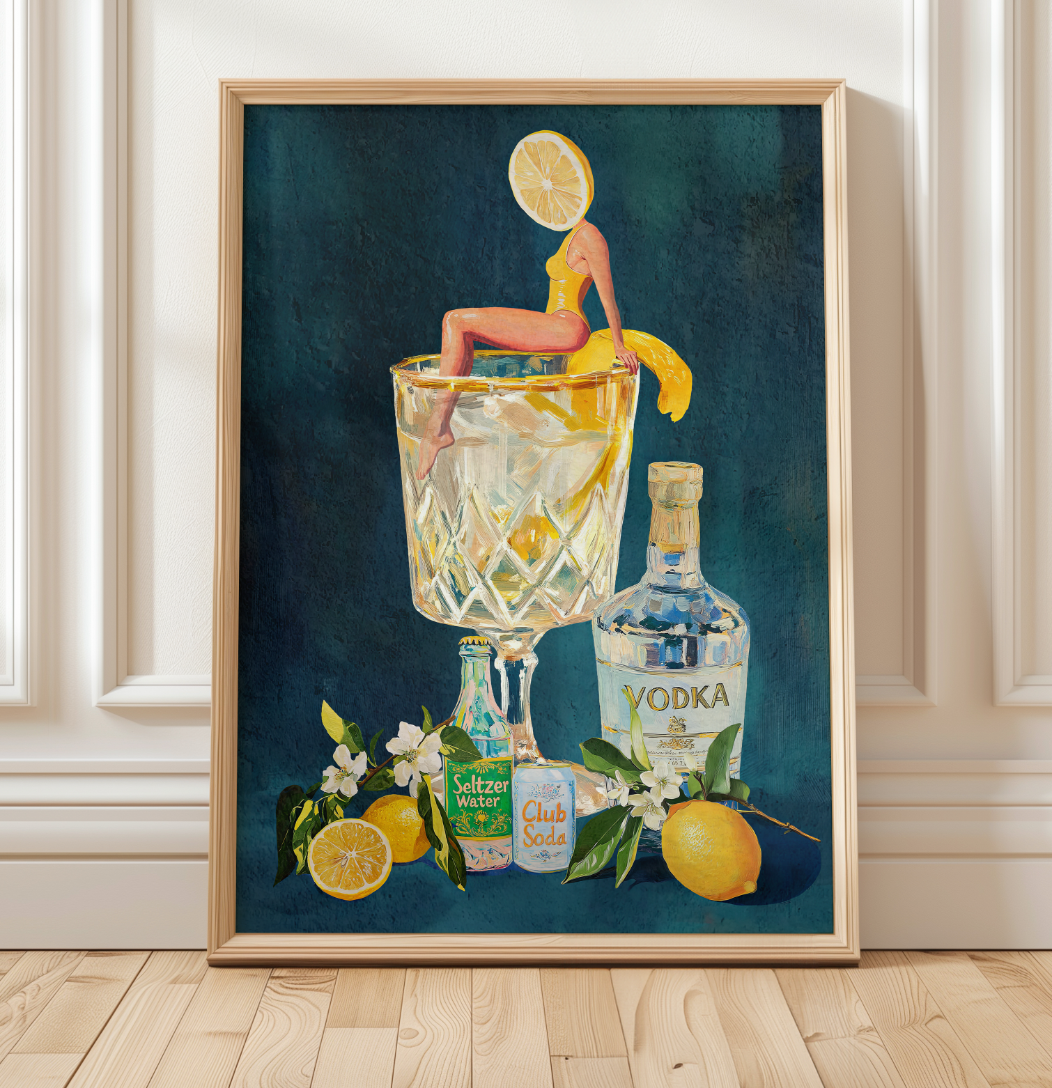 Lemon Vodka Seltzer Art Print: Refreshing Cocktail Wall Poster for Bar Cart & Kitchen Decor