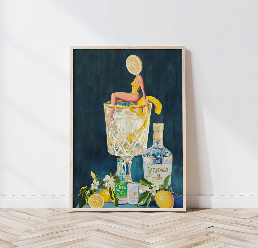 Lemon Vodka Seltzer Art Print: Refreshing Cocktail Wall Poster for Bar Cart & Kitchen Decor